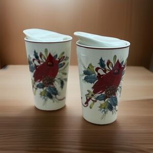 Vtg Lenox Winter Greetings Cardinal Insulated Ceramic Tumblers w/Lids (Set of 2)